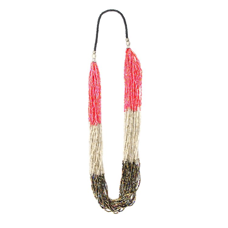 WHOLESALE Tri-Color Tesoro Thin Statement Necklace - Raspberry, Silver and Wood